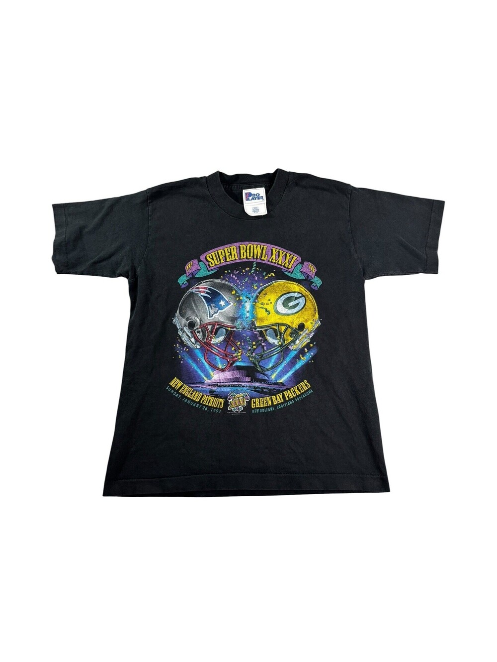 Vintage 1997 Super Bowl XXXI Kids T Shirt Patriots vs Packers Pro Player Black L